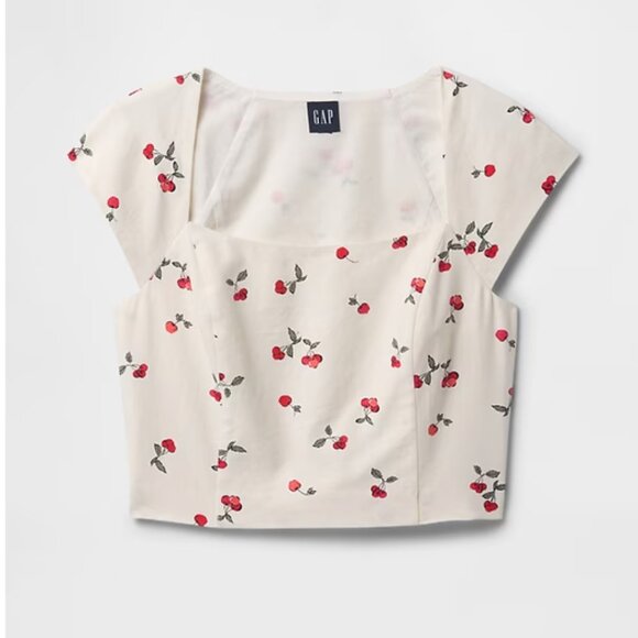 NWT Cherry Print Linen-Blend Cap-Sleeve Crop Top XL - Picture 1 of 5